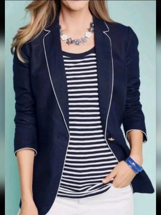 Talbots Jackets & Blazers - Talbots Womens Blue 100% Linen Preppy Coastal Gold Button Blazer Sz 12 Office